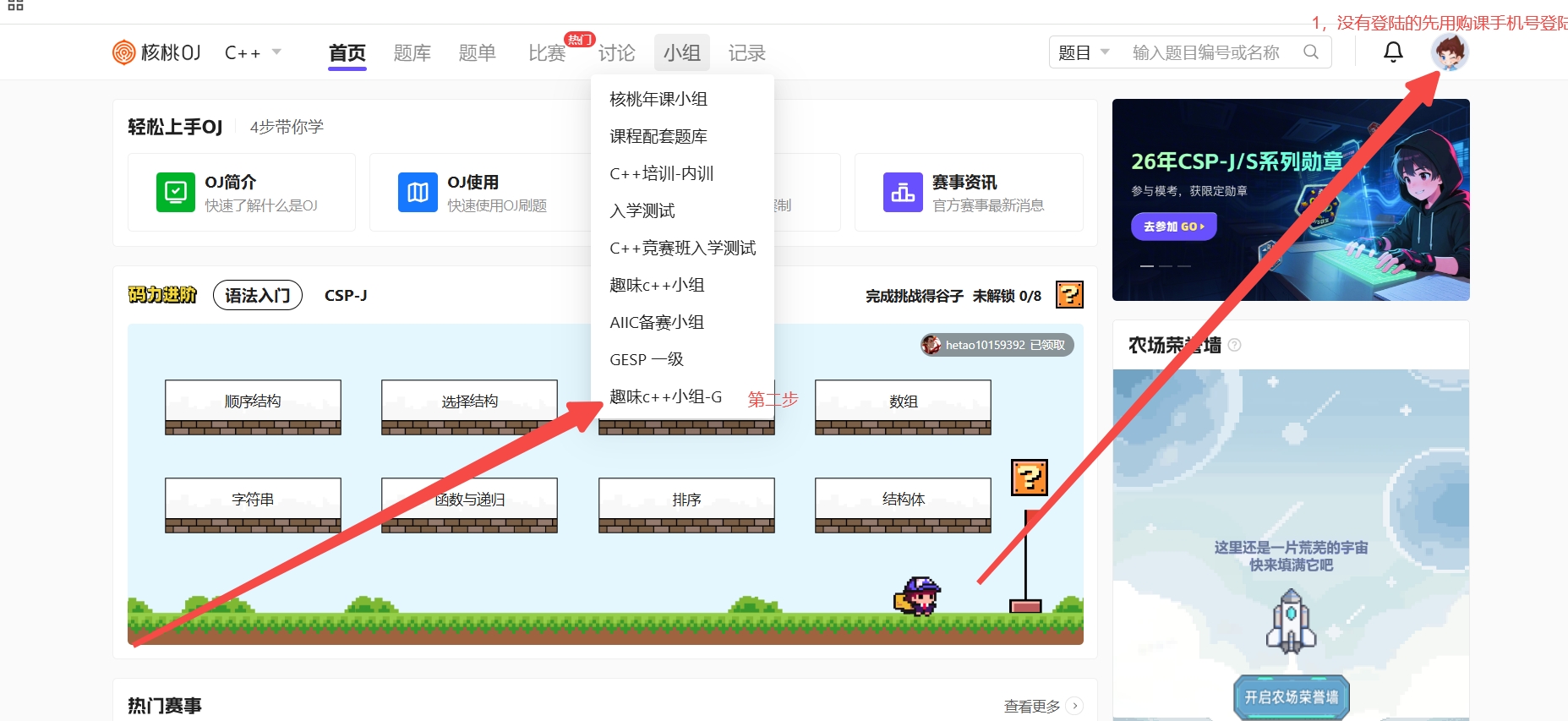 核桃OJ首页：登录后点小组，进入趣味c++小组-G
